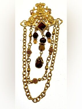 Vintage Kirk’s Folly Angel Cherub Brooch Dangle Chains Gold Tone AB Rhinestone